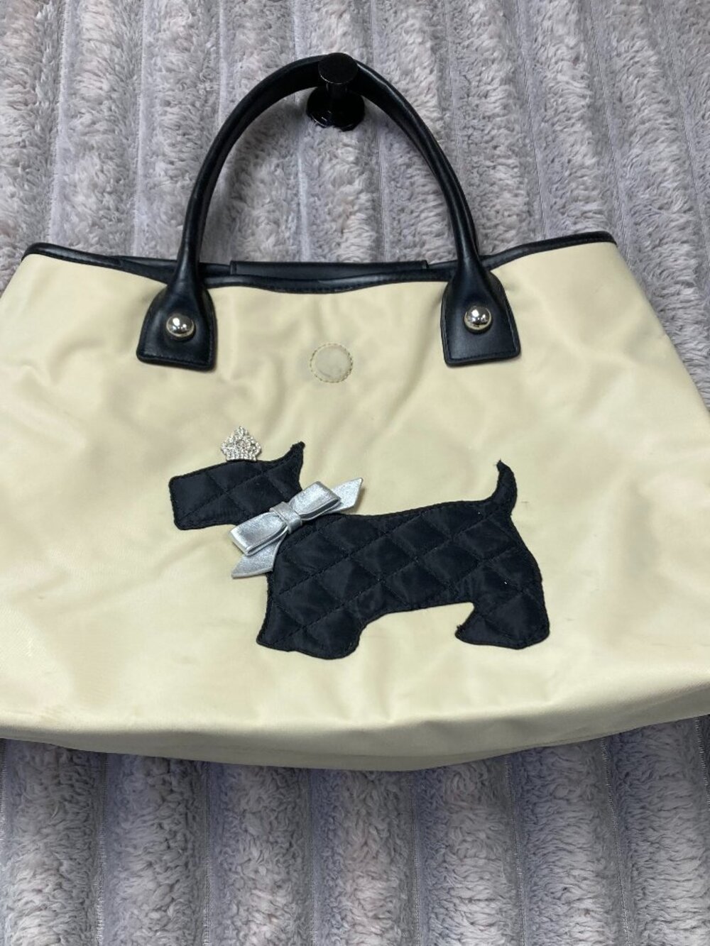 My Flat In London Scottie Handbag Cream and Black Rhinestone Crown & Silver Bow